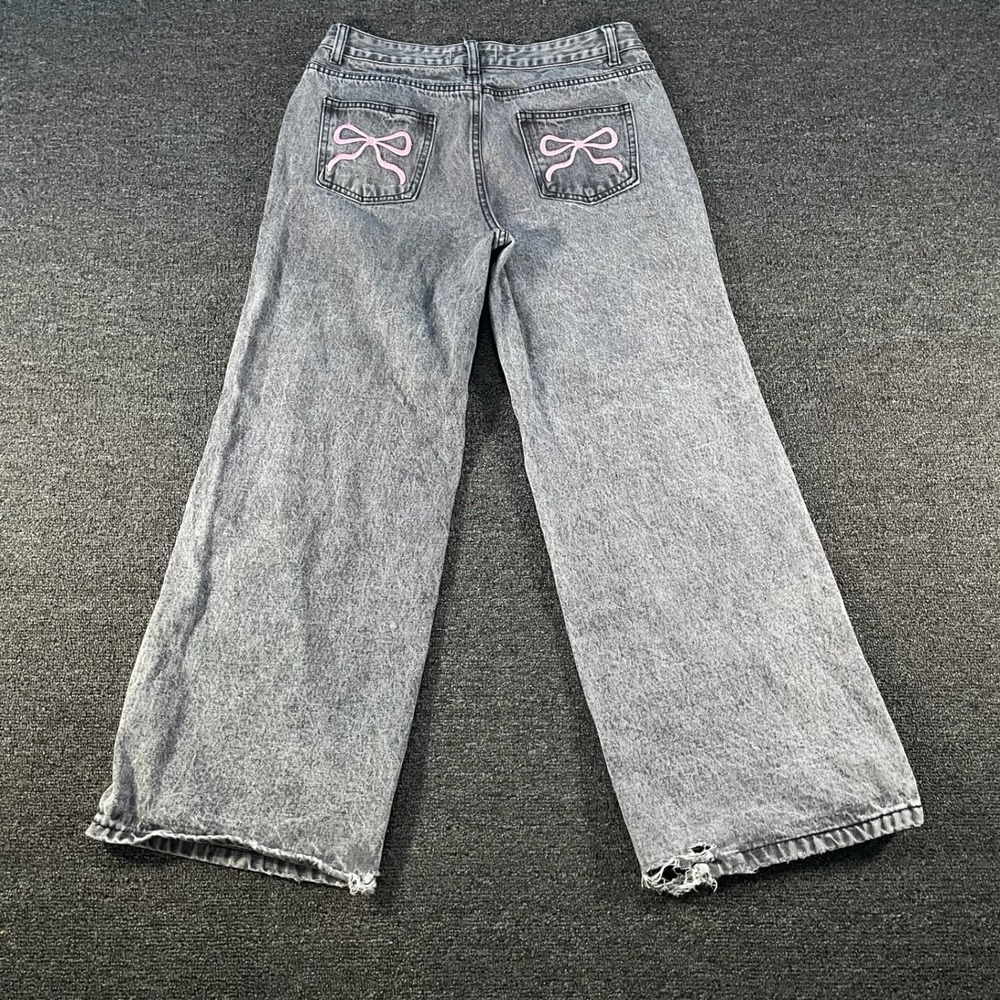 Disclosure Wide Leg Jeans Womens 11/30 Gray Acid Wash Good Pink Bow Embroidery